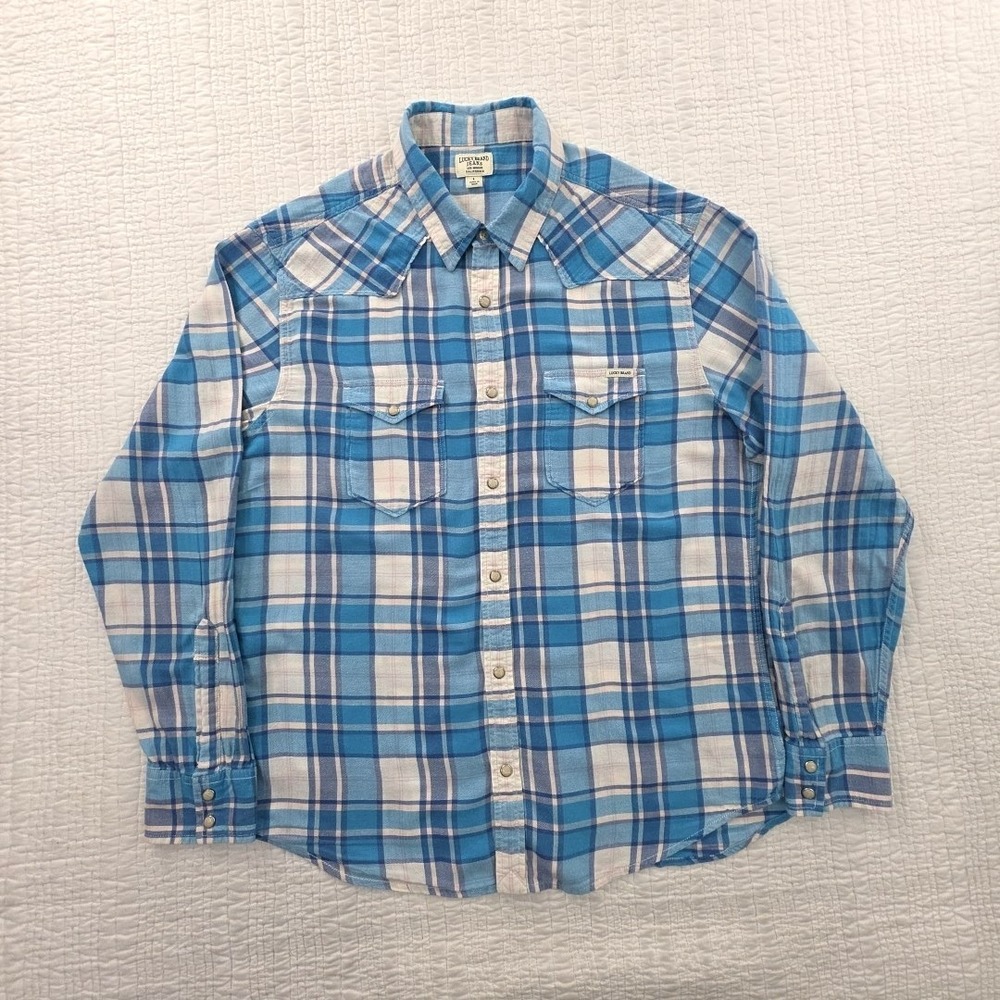 Lucky Brand Button Up Blouse Women's L Blue White Plaid Long Sleeve Pearl Snap - Picture 1 of 16
